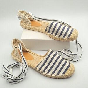 J Crew Ladies Blue Stripe Sandals Jute Strappy Tie Slip on  Shoes Sz 7